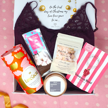 Load image into Gallery viewer, Christmas Hamper Gift Box for her with chocolate truffles, lingerie, candle, prosecco sweets, bath salts and hot chocolate