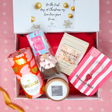 Load image into Gallery viewer, Christmas Hamper Gift Box for her with chocolate truffles, candle, prosecco sweets, bath salts and hot chocolate
