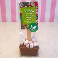 Load image into Gallery viewer, Hot chocolate spoon with marshmallows in a packet that is labelled Cocoba Chocolate marshmallow vegan milk hot chocolate spoon