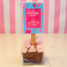 Load image into Gallery viewer, Hot chocolate spoon with heart shaped marshmallows in a packet that is labelled Cocoba Chocolate heart marshmallow hot chocolate spoon