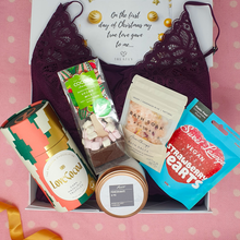 Load image into Gallery viewer, Vegan Christmas Hamper Gift Box for her with chocolate truffles, lingerie, candle, vegan sweets, bath salts and hot chocolate
