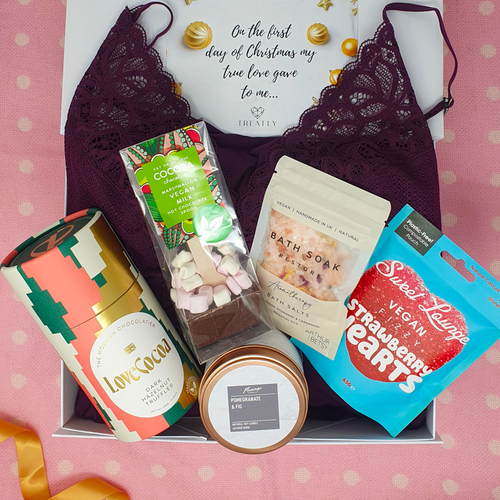 Vegan Christmas Hamper Gift Box for her with chocolate truffles, lingerie, candle, vegan sweets, bath salts and hot chocolate