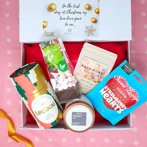 Vegan Christmas Hamper Gift Box for her with chocolate truffles, candle, vegan sweets, bath salts and hot chocolate