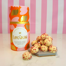 Load image into Gallery viewer, Champagne white chocolate truffles next to Love Cocoa chocolate box
