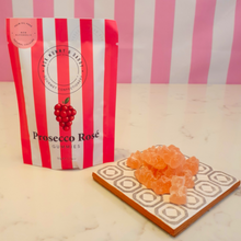 Load image into Gallery viewer, Prosecco Rose gummies sweets by Ask Mummy &amp; Daddy next to packet
