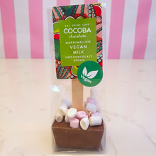 Load image into Gallery viewer, Hot chocolate spoon with marshmallows in a packet that is labelled Cocoba Chocolate marshmallow vegan milk hot chocolate spoon
