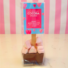 Load image into Gallery viewer, Hot chocolate spoon with heart shaped marshmallows in a packet that is labelled Cocoba Chocolate heart marshmallow hot chocolate spoon
